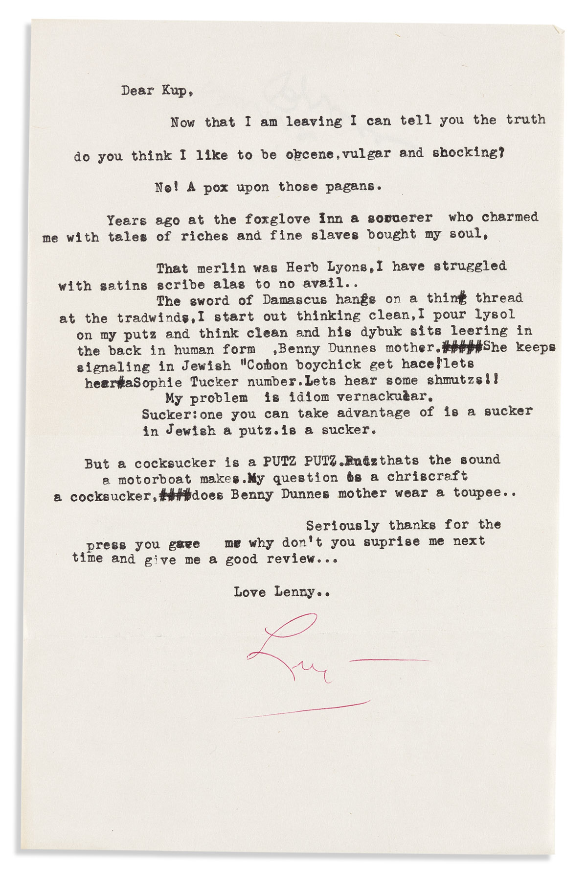 BRUCE, LENNY. Two letters, each Signed, to Sun-Times columnist Irv Kupcinet (Dear Kup), including an Autograph Letter and a Typed Let